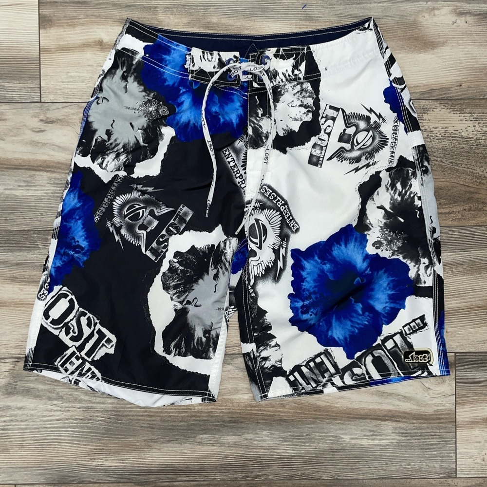 Lost Enterprises Boardshorts Mens 31 Blue Black White Psycho Ward Y2K Surf Rare